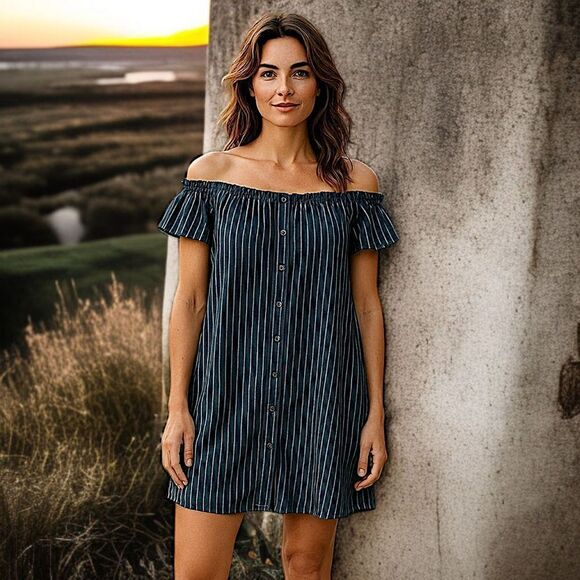 Papermoon Shift Dress M Gauzy Off Shoulder Mini Nautical Preppy Beachy Navy Blue - Picture 1 of 16